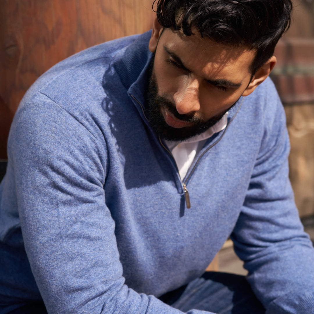 Billie Todd 100% Cashmere Two-Ply Quarter Zip Sweater Made in Scotland#color_blueprint