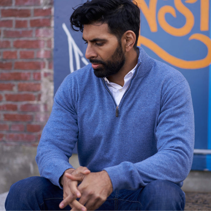 Billie Todd 100% Cashmere Two-Ply Quarter Zip Sweater Made in Scotland#color_blueprint