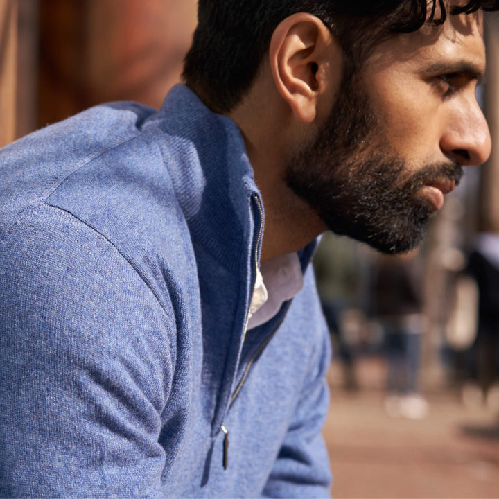Billie Todd 100% Cashmere Two-Ply Quarter Zip Sweater Made in Scotland#color_blueprint