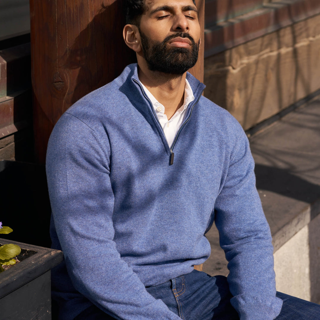 Billie Todd 100% Cashmere Two-Ply Quarter Zip Sweater Made in Scotland#color_blueprint