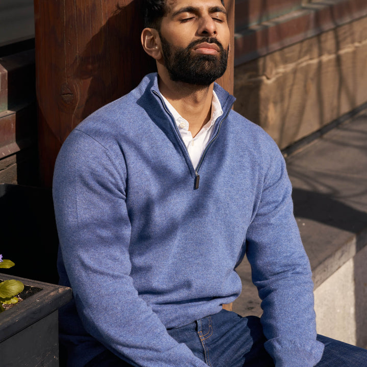 Billie Todd 100% Cashmere Two-Ply Quarter Zip Sweater Made in Scotland#color_blueprint