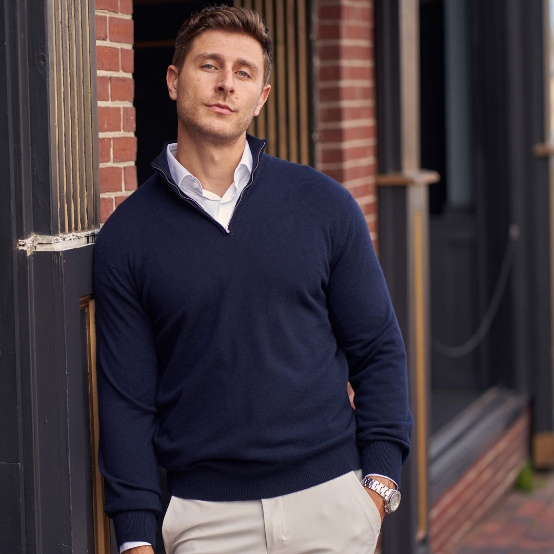 Billie Todd 100% Cashmere Two-Ply Quarter Zip Sweater Made in Scotland#color_navy