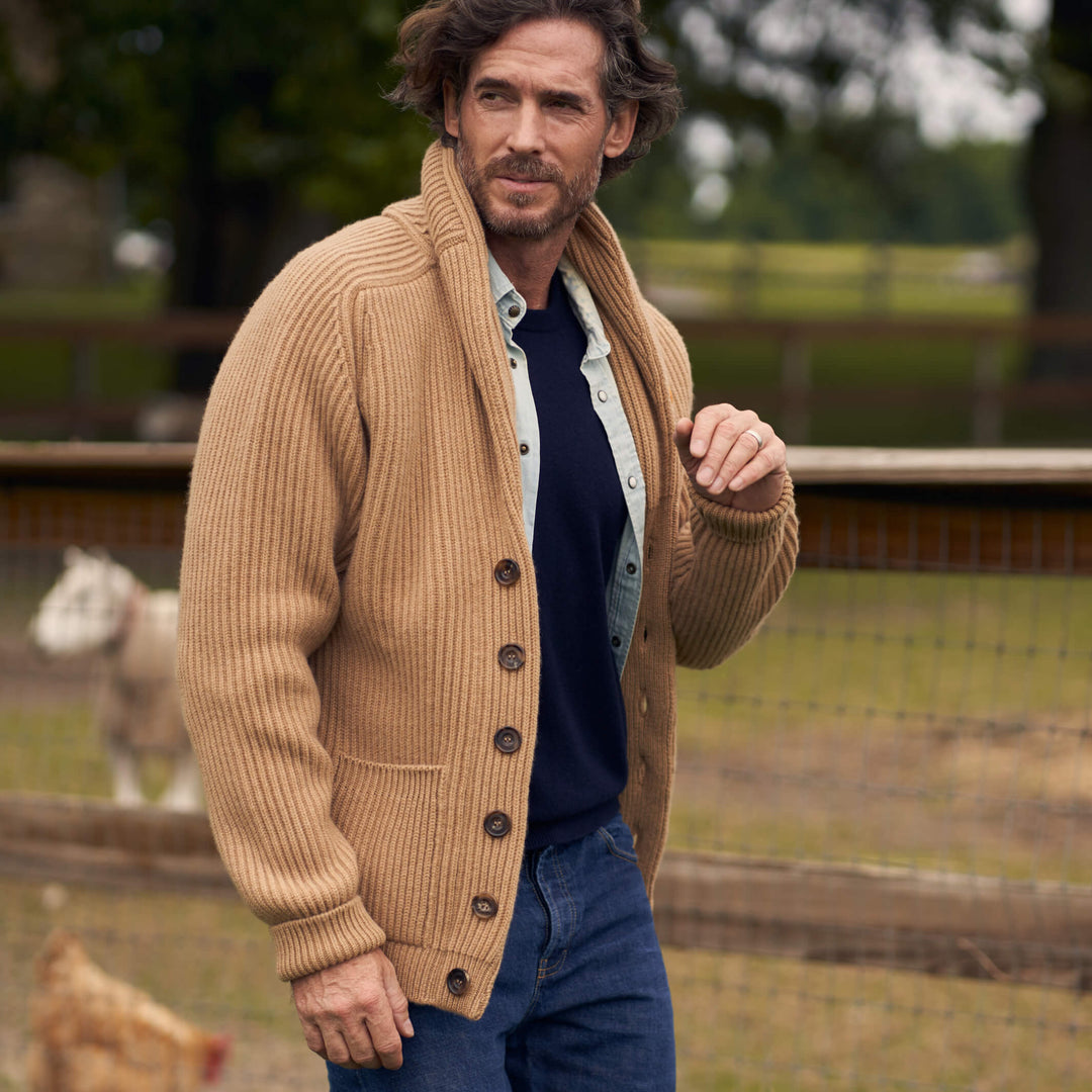 Billie Todd Eight-Ply Cashmere Shawl Cardigan Made in Scotland #color_brown-sugar