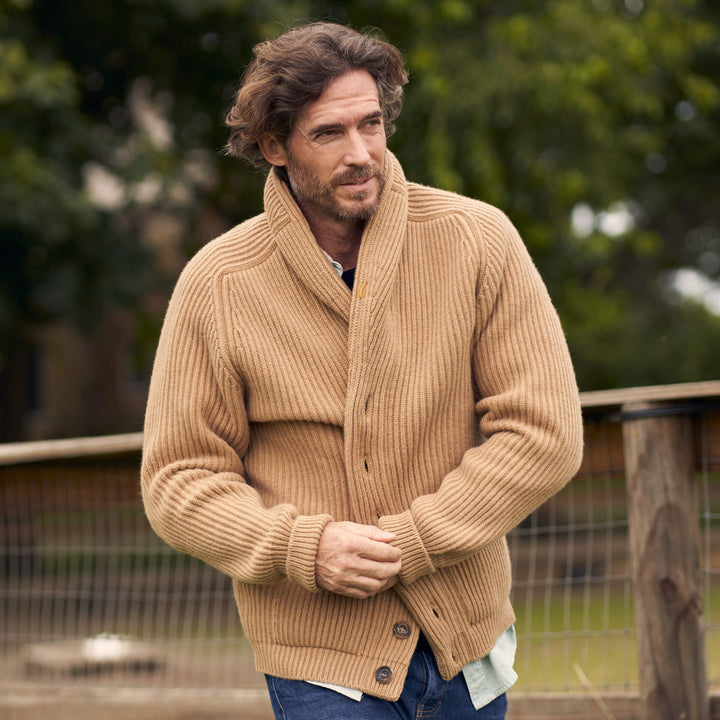 Billie Todd Eight-Ply Cashmere Shawl Cardigan Made in Scotland #color_brown-sugar