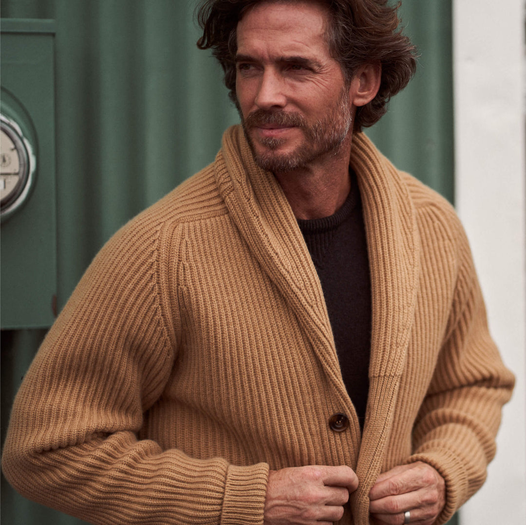 Billie Todd Eight-Ply Cashmere Shawl Cardigan Made in Scotland #color_brown-sugar