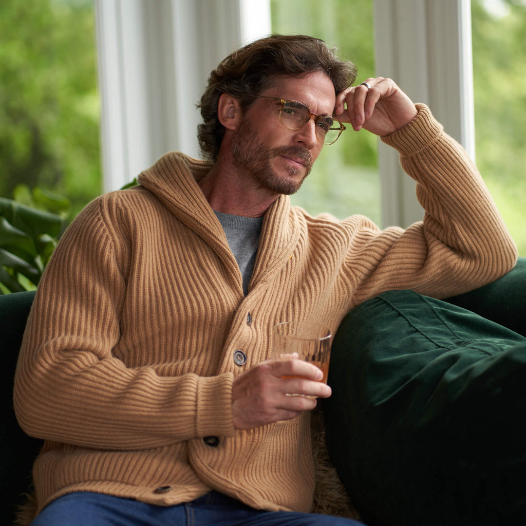 Billie Todd Eight-Ply Cashmere Shawl Cardigan Made in Scotland #color_brown-sugar