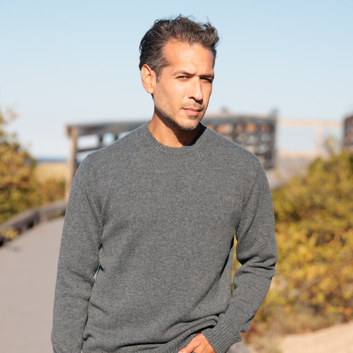 The Fraser 4-ply Scottish cashmere relaxed crewneck in Derby Grey, front view