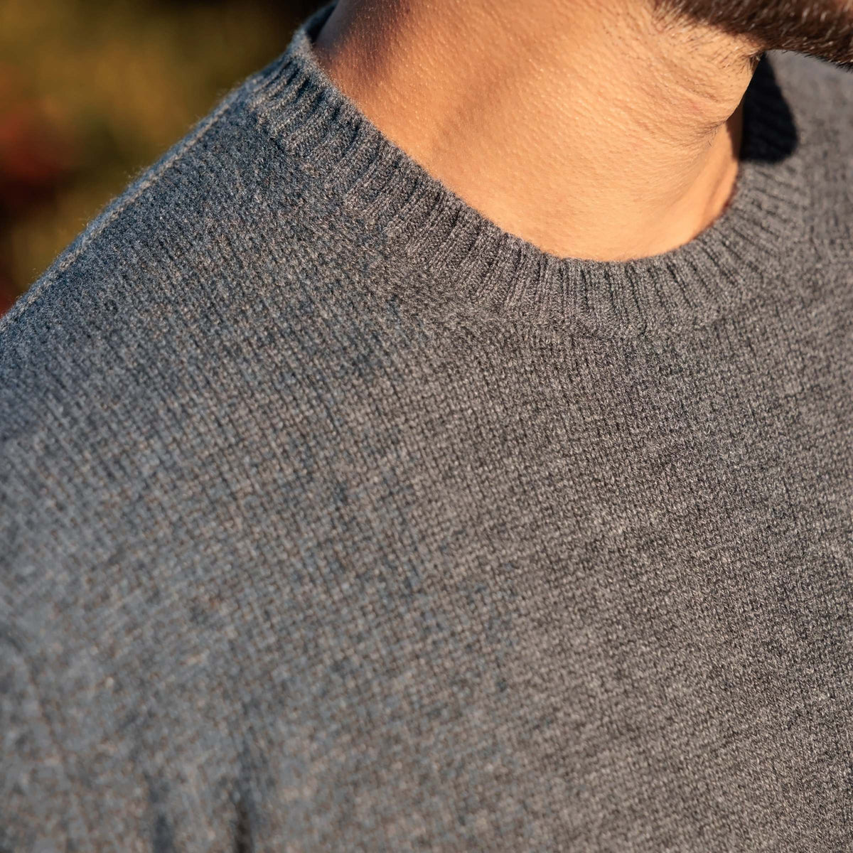 The Fraser 4-ply Scottish cashmere relaxed crewneck in Derby Grey, neckline rib detail