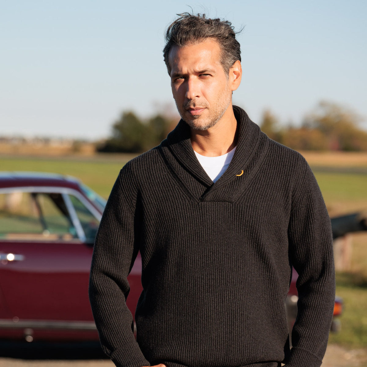 The Rory 4-ply Scottish cashmere shawl collar sweater in Peat, front view