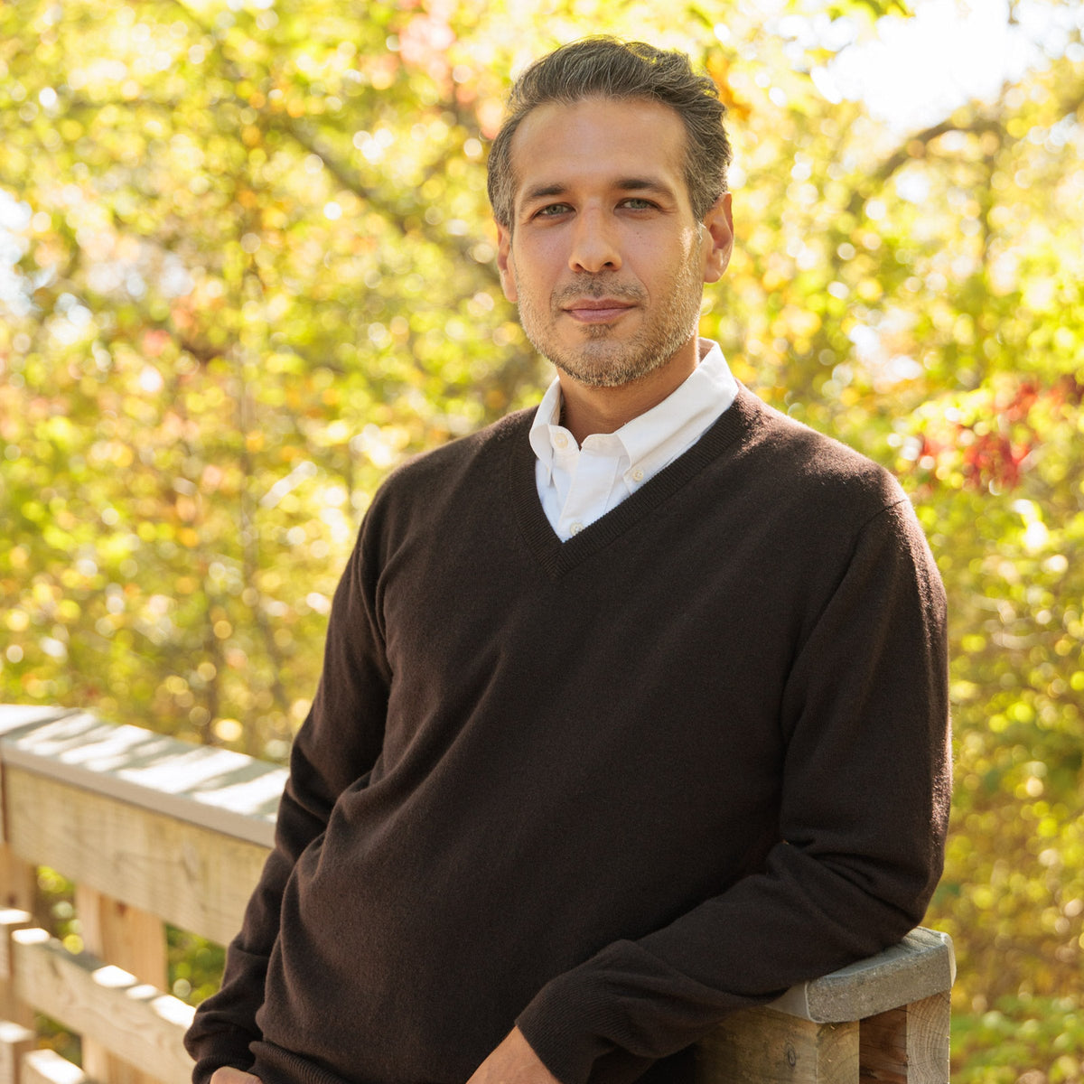 The Stewart 2-ply Scottish cashmere V-neck sweater in Dark Brown, front view