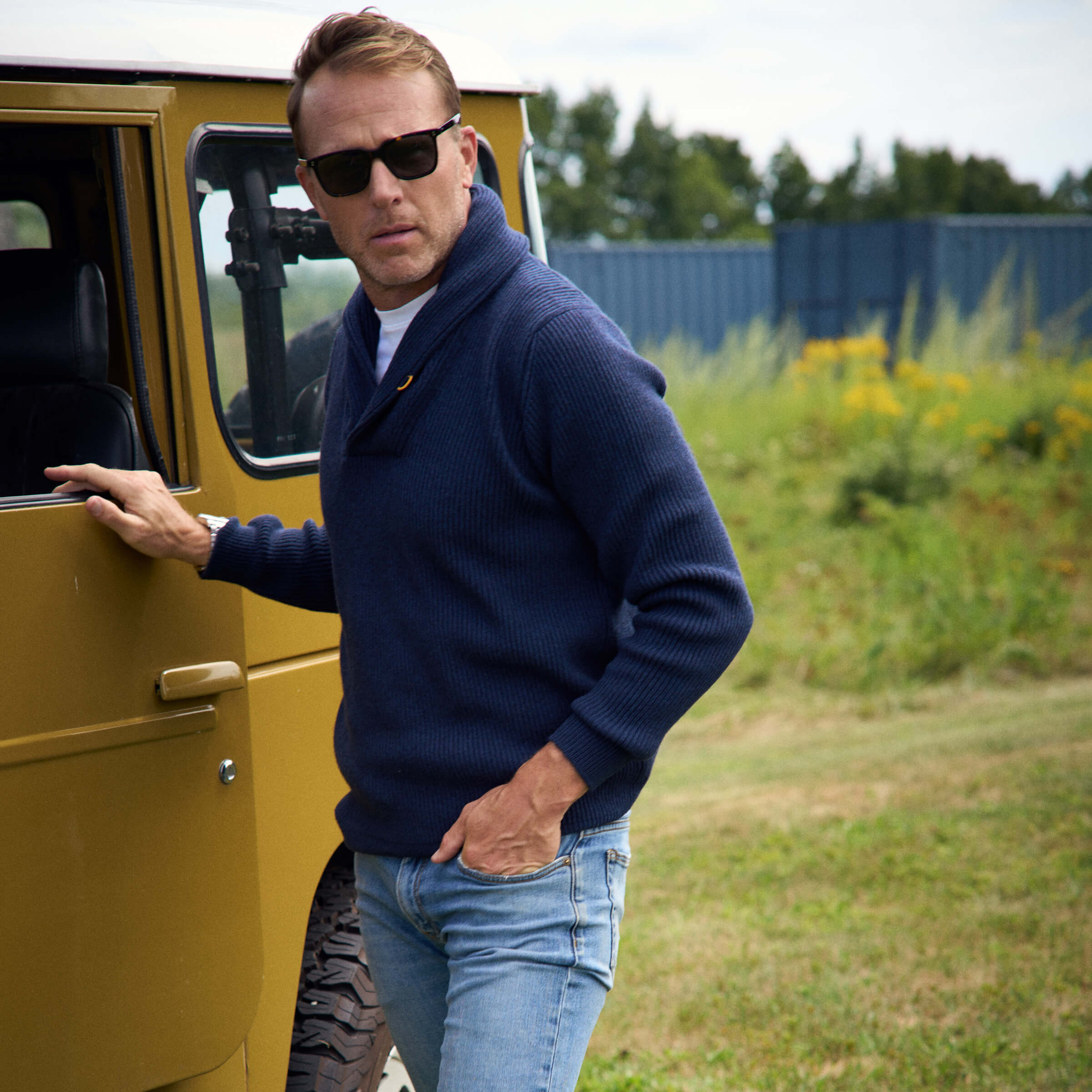 Billie Todd Four-Ply Cashmere Shawl Pullover Made in Scotland #color_slate blue