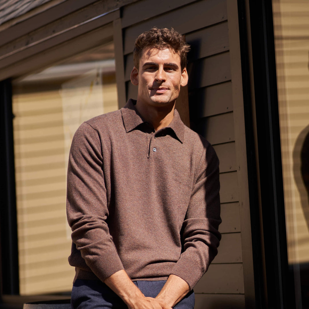 Billie Todd 100% Cashmere Two-Ply Long Sleeve Polo Sweater Made in Scotland#color_beachwood