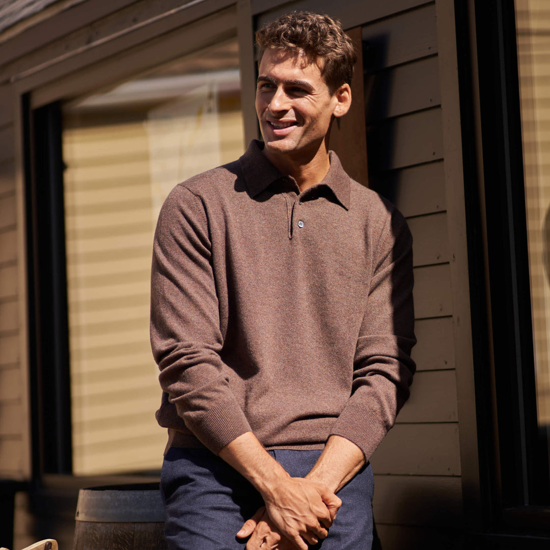 Billie Todd 100% Cashmere Two-Ply Long Sleeve Polo Sweater Made in Scotland#color_beachwood