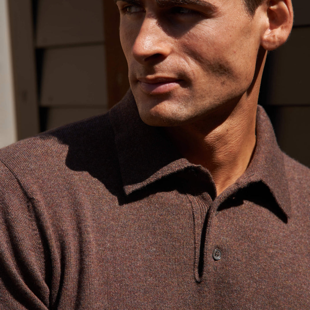 Billie Todd 100% Cashmere Two-Ply Long Sleeve Polo Sweater Made in Scotland#color_beachwood