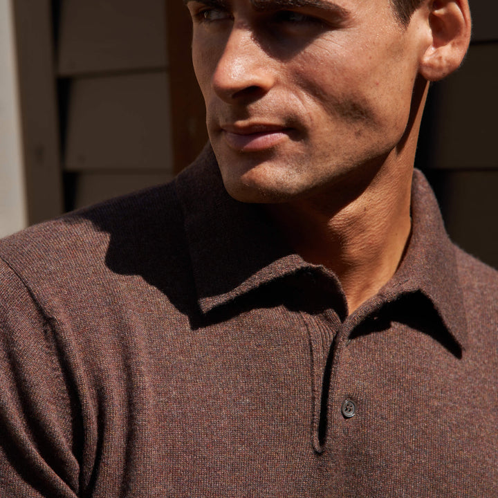 Billie Todd 100% Cashmere Two-Ply Long Sleeve Polo Sweater Made in Scotland#color_beachwood