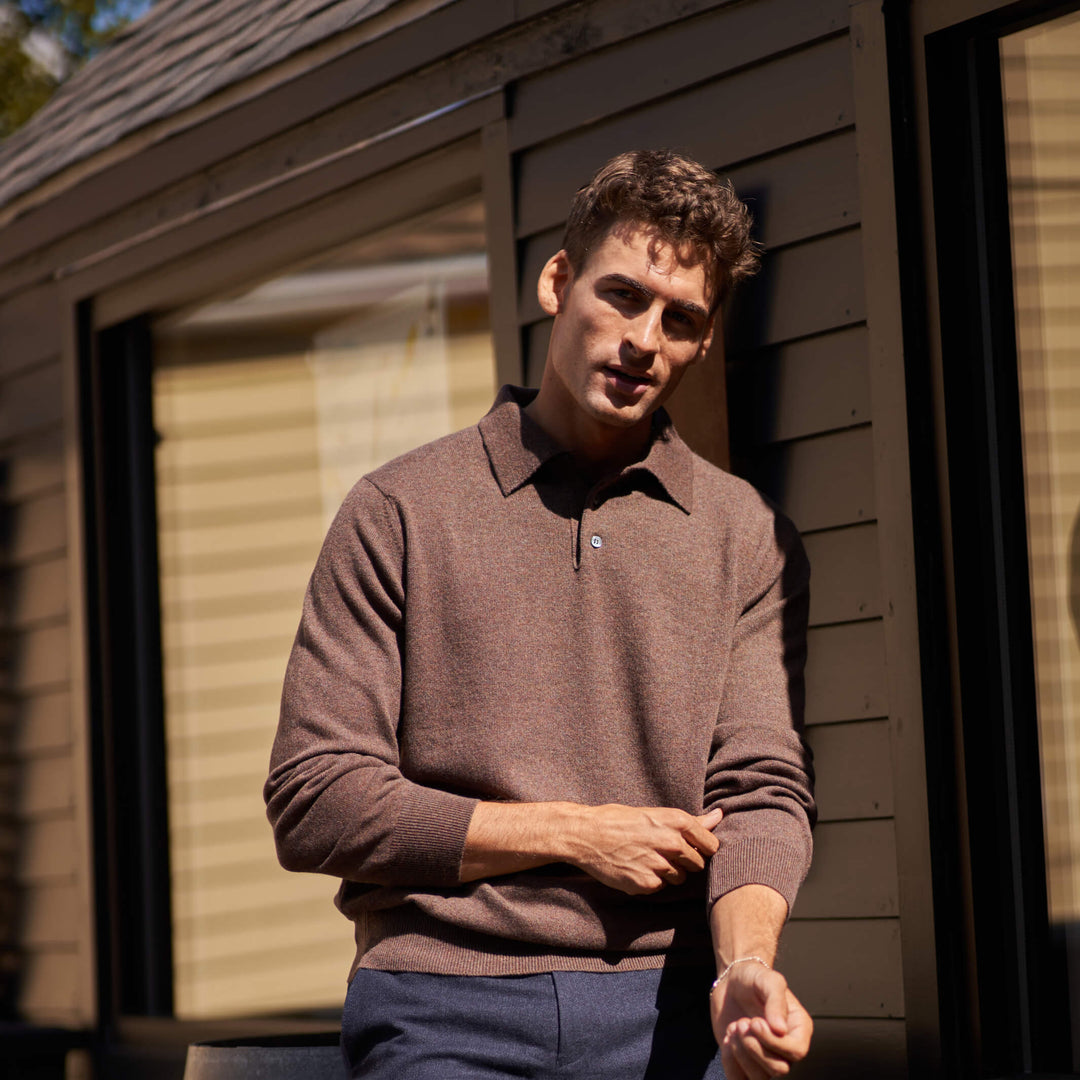 Billie Todd 100% Cashmere Two-Ply Long Sleeve Polo Sweater Made in Scotland#color_beachwood