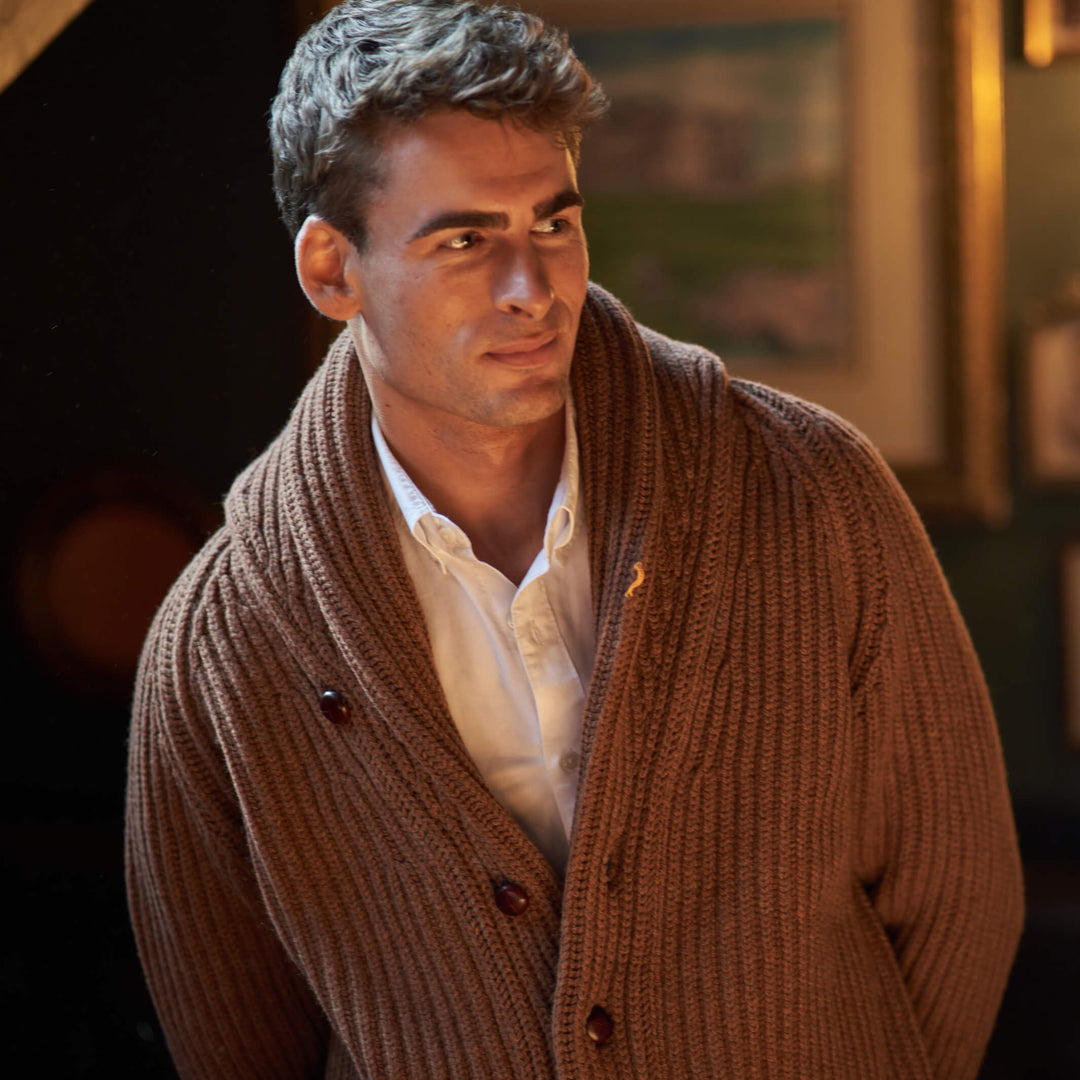 Billie Todd 100% Lambswool Shawl Cardigan Made in Scotland#color_hazelnut