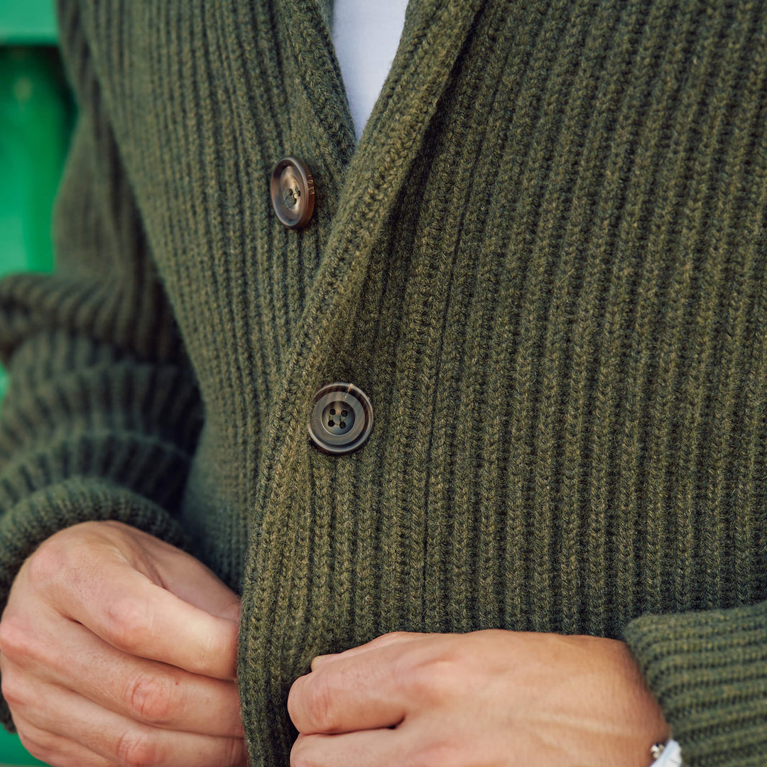 Billie Todd Eight-Ply Cashmere Shawl Cardigan Made in Scotland #color_loden