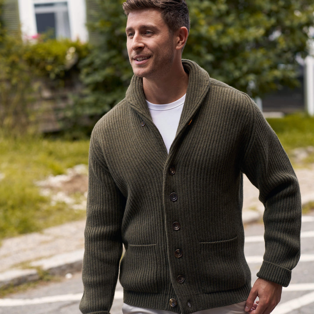 Billie Todd Eight-Ply Cashmere Shawl Cardigan Made in Scotland #color_loden