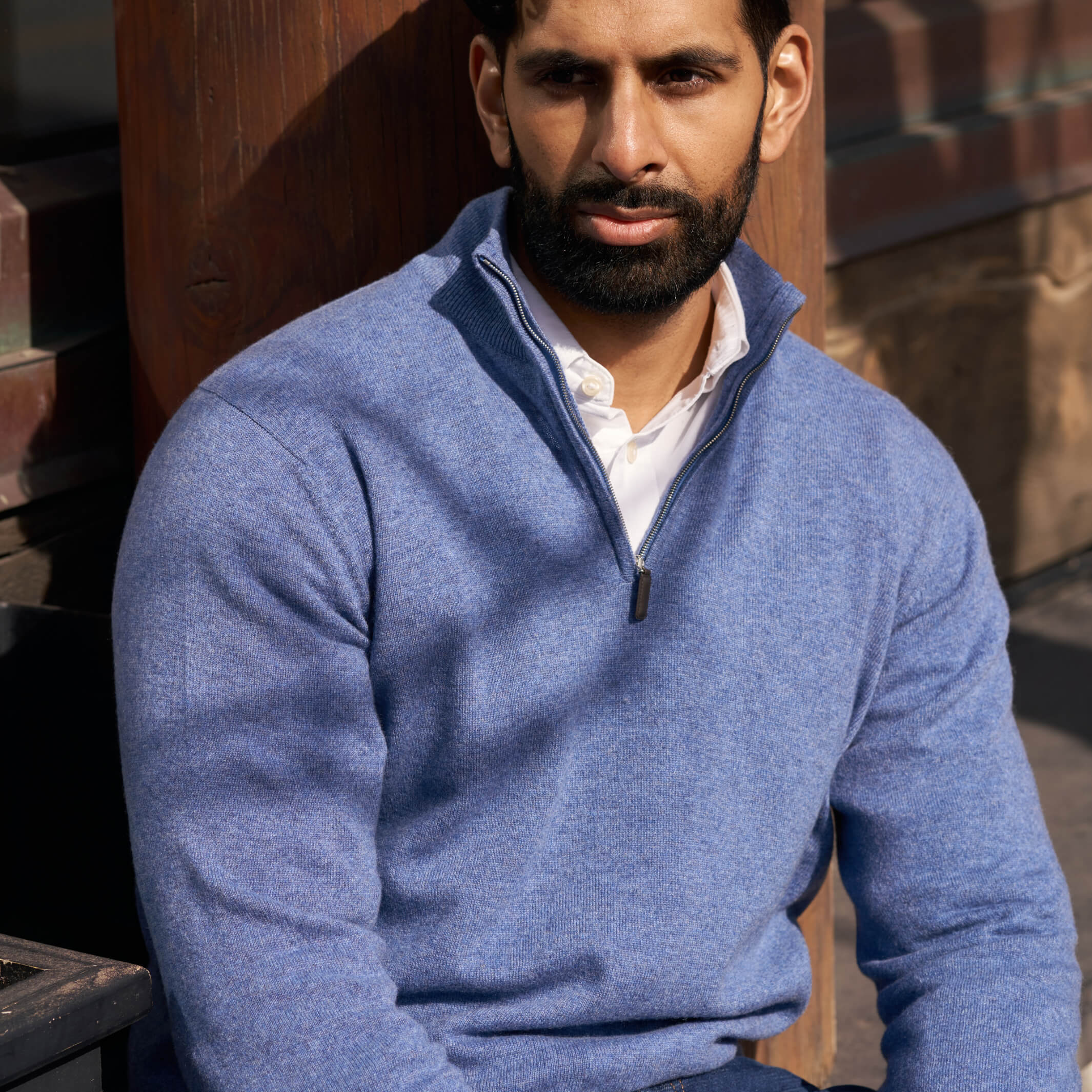 Billie Todd Two Ply Cashmere Quarter Zip Made in Scotland #color_blueprint