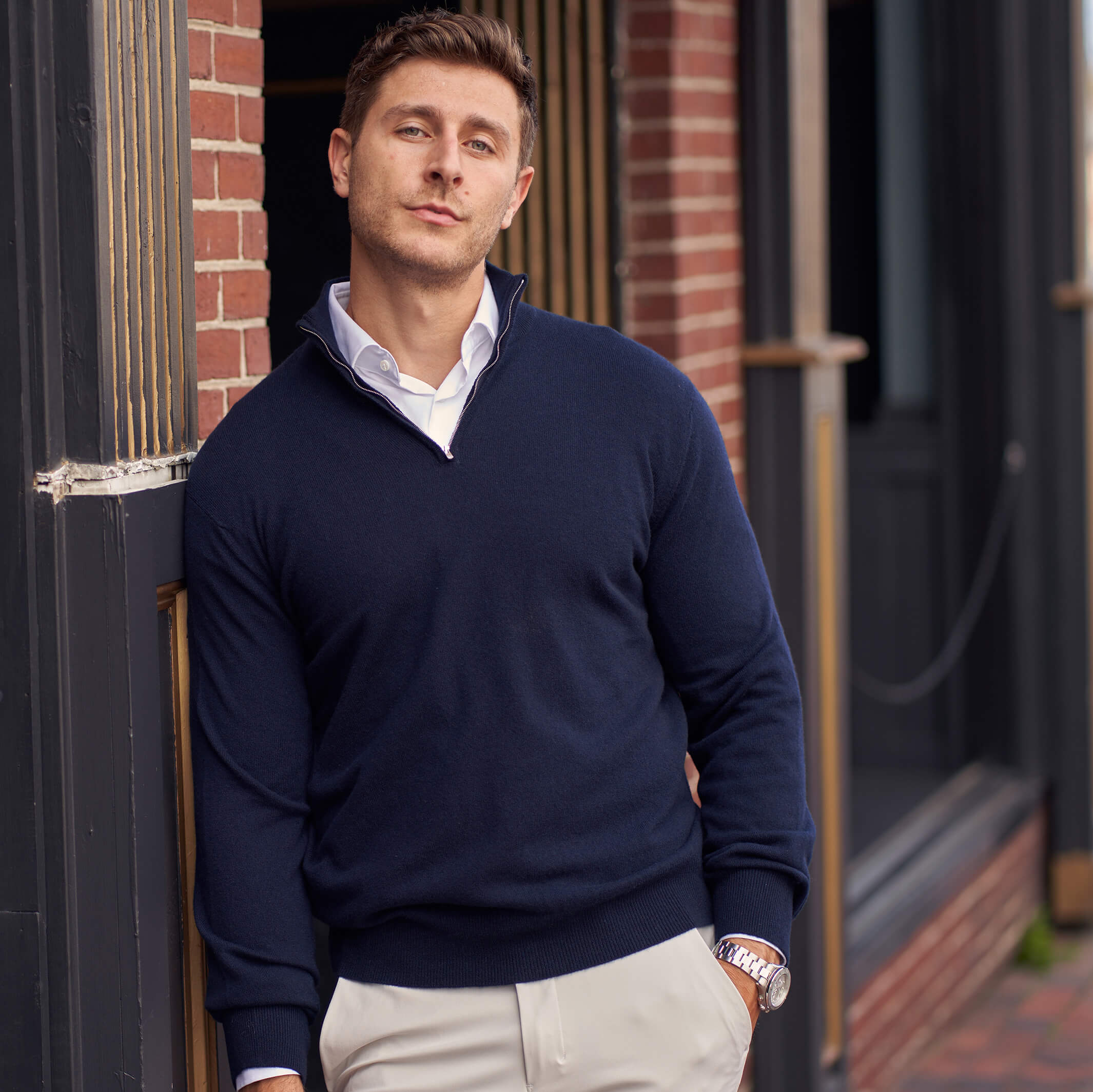 Billie Todd Two Ply Cashmere Quarter Zip Made in Scotland #color_navy