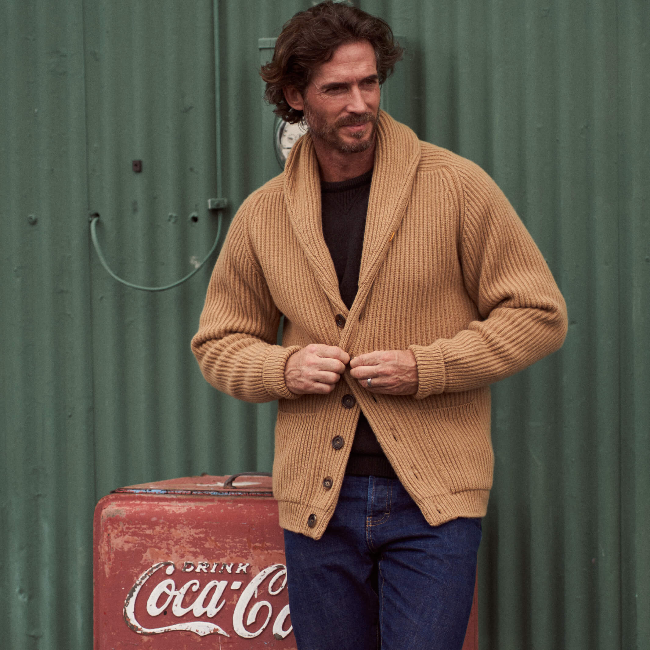 Billie Todd Eight-Ply Cashmere Shawl Cardigan Made in Scotland #color_brown-sugar