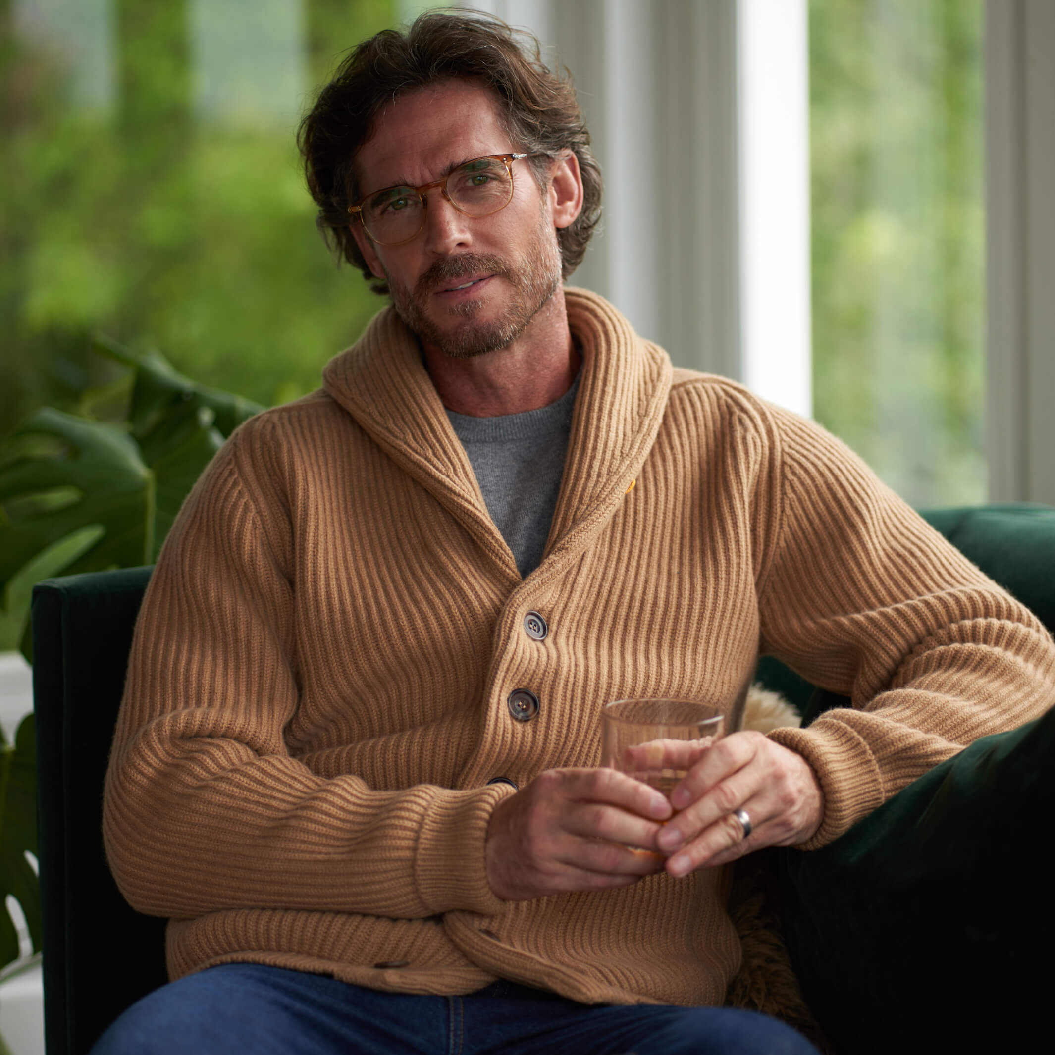 Billie Todd Eight-Ply Cashmere Shawl Cardigan Made in Scotland #color_brown-sugar