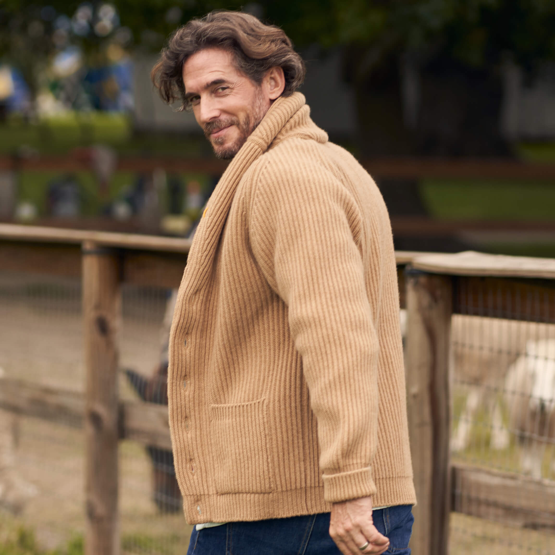 Billie Todd Eight-Ply Cashmere Shawl Cardigan Made in Scotland #color_brown-sugar