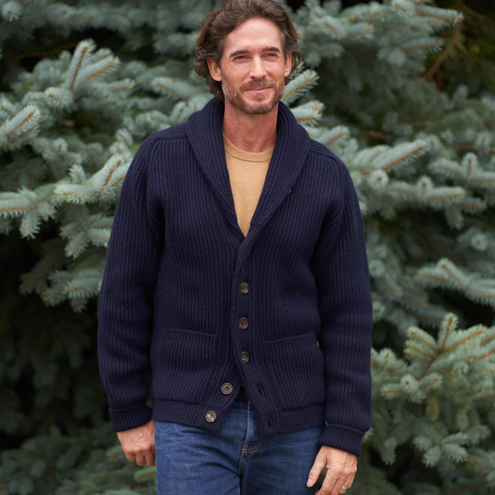 Billie Todd Eight-Ply Cashmere Shawl Cardigan Made in Scotland #color_navy