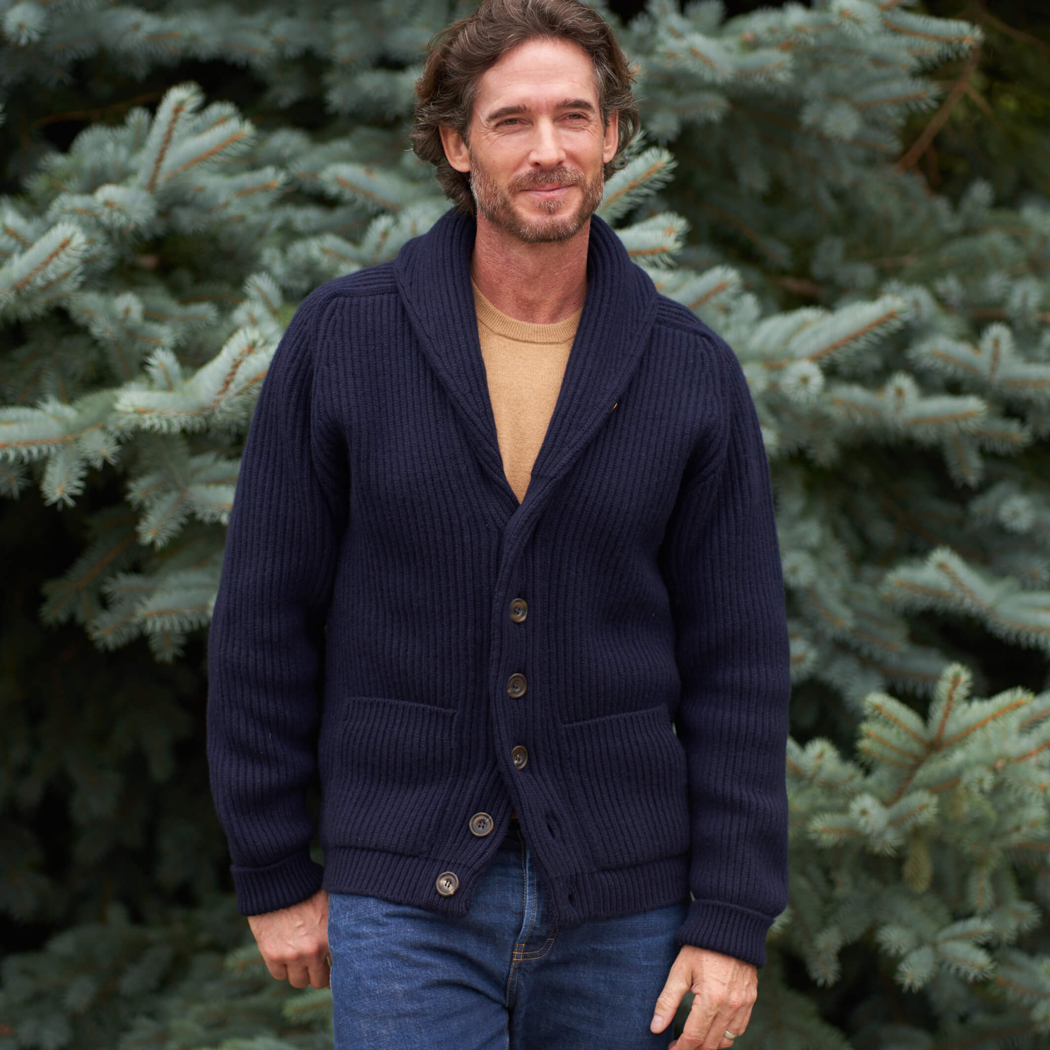 Billie Todd Eight-Ply Cashmere Shawl Cardigan Made in Scotland #color_navy