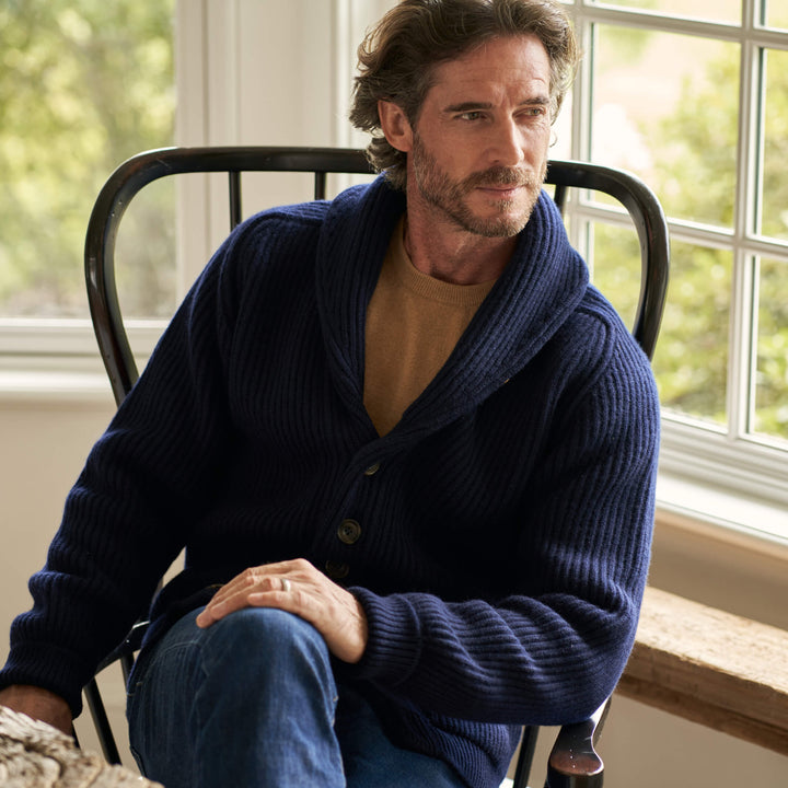 Billie Todd Eight-Ply Cashmere Shawl Cardigan Made in Scotland #color_navy