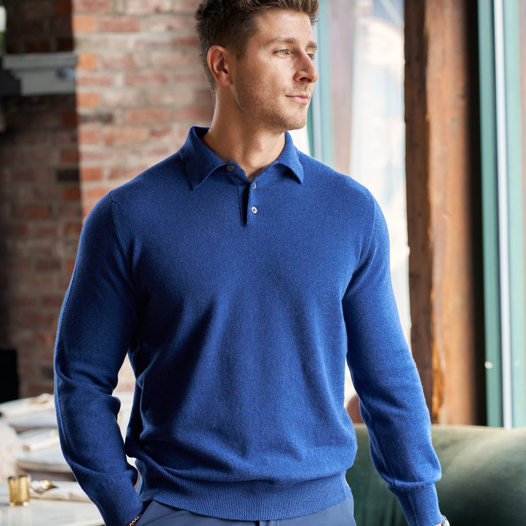 Billie Todd 100% Cashmere Two-Ply Long Sleeve Polo Sweater Made in Scotland#color_noss-blue