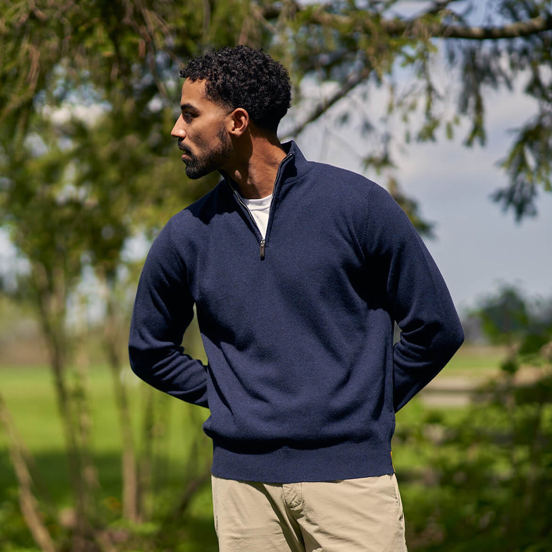 Billie Todd 100% Cashmere Two-Ply Three Quarter Zip Sweater Made in Scotland#color_ink-well