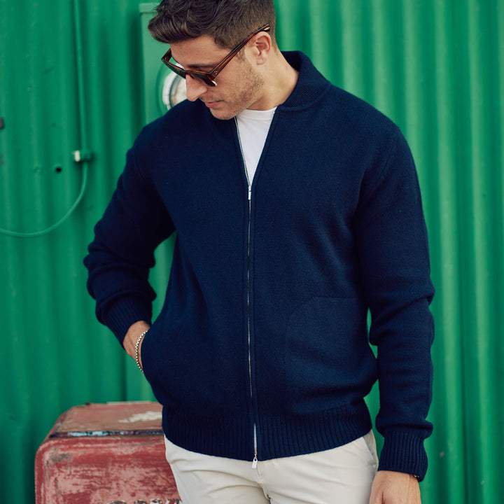 Billie Todd 100% Cashmere Full Zip Bomber Made in Scotland#color_pirate-blue