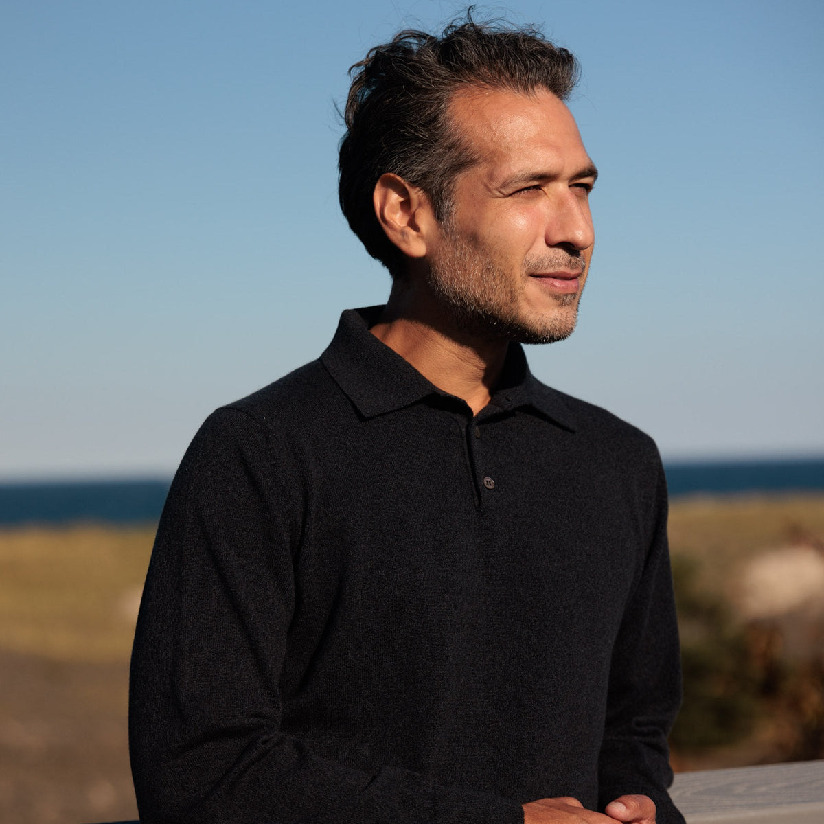 The Edgar 2-ply Scottish cashmere long-sleeve polo in Flint, front view