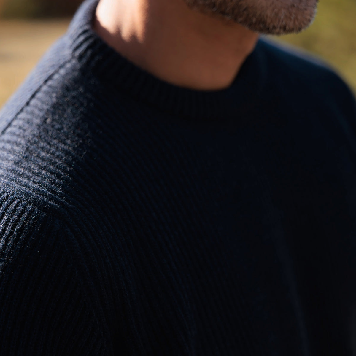 The Finlay 4-ply Scottish cashmere ribbed crewneck in Midnight, fisherman's rib texture detail