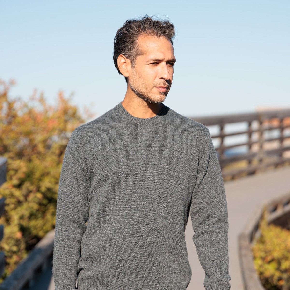 The Fraser 4-ply Scottish cashmere relaxed crewneck in Derby Grey, full-length view showing the cuffs