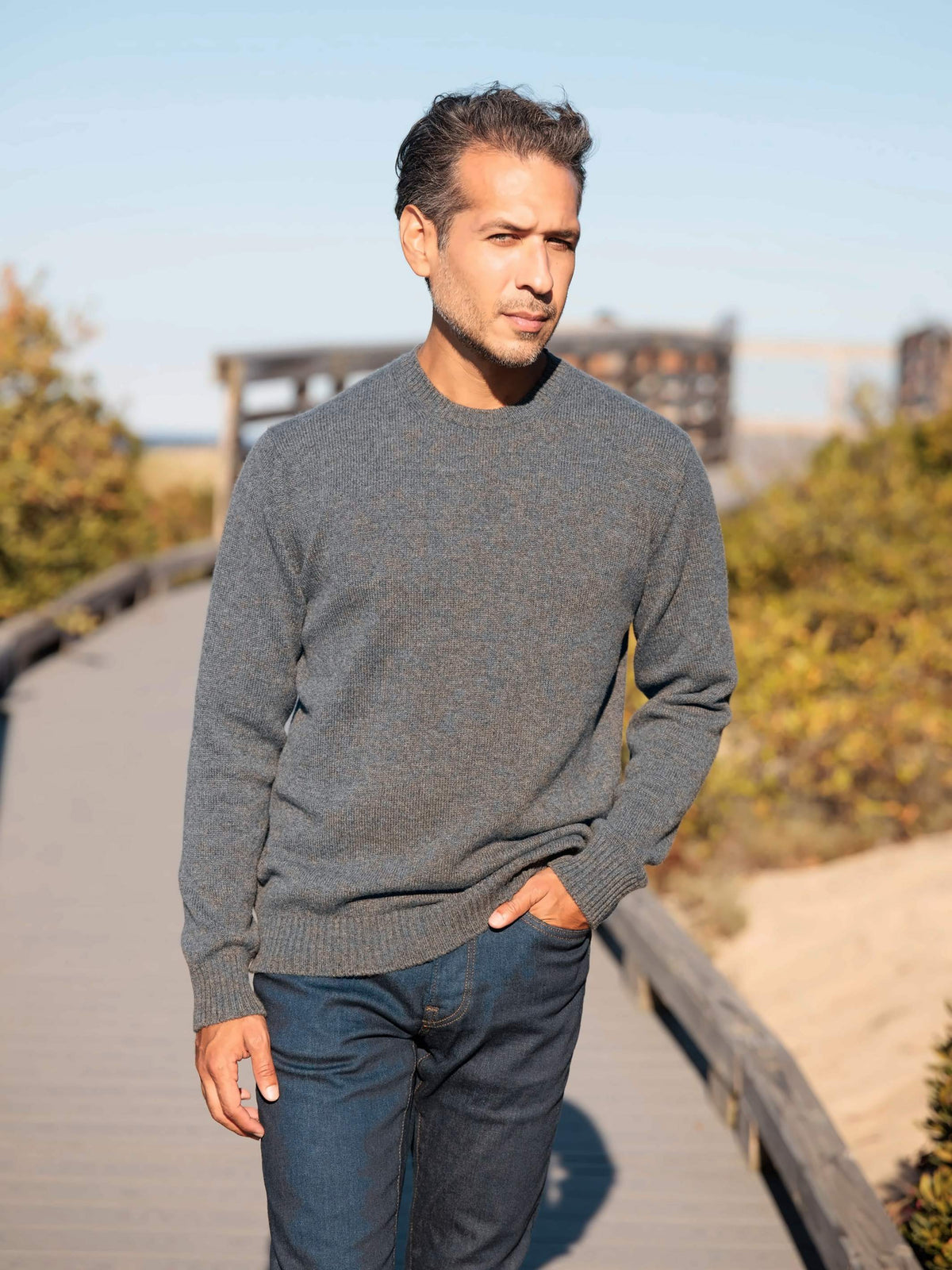 The Fraser 4-ply Scottish cashmere relaxed crewneck in Derby Grey, portrait