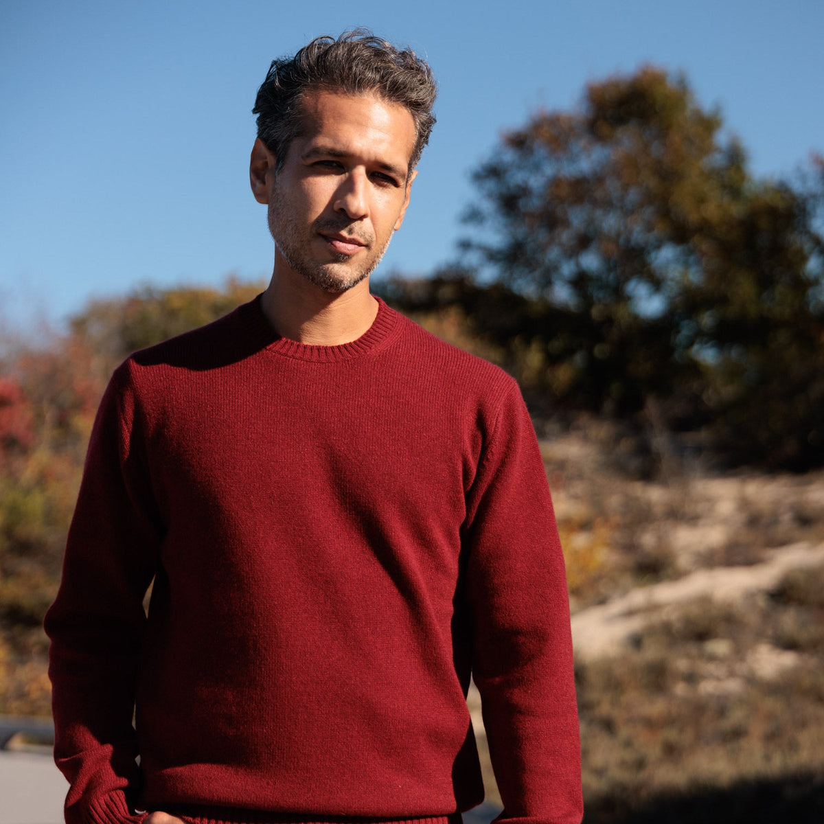 The Fraser 4-ply Scottish cashmere relaxed crewneck in Russet Red, full front view