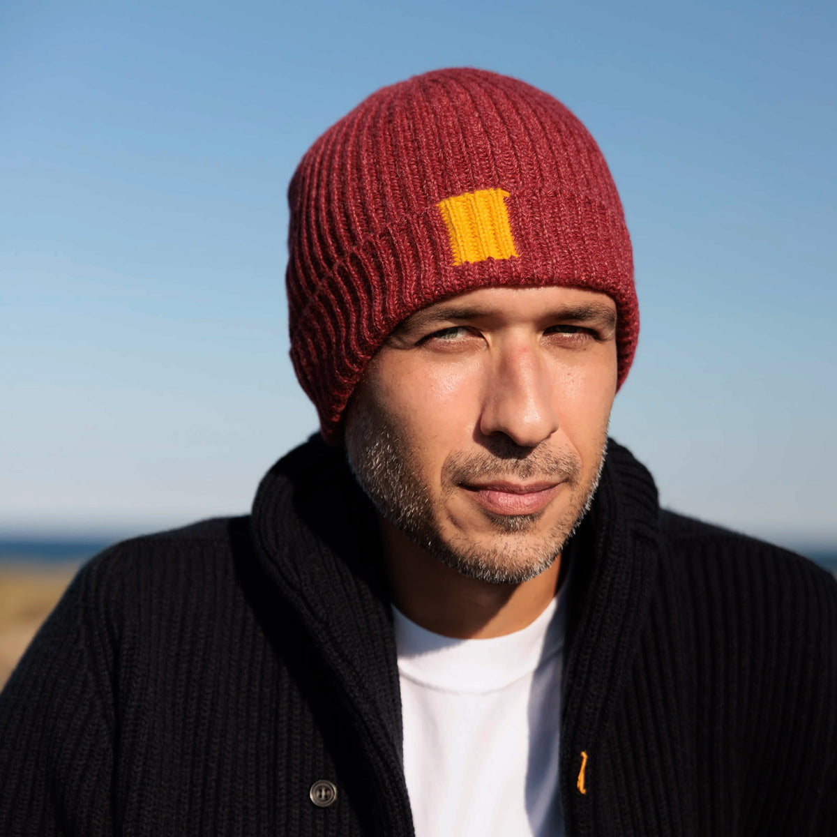 The George 8-ply Scottish cashmere beanie in Rowan, front view