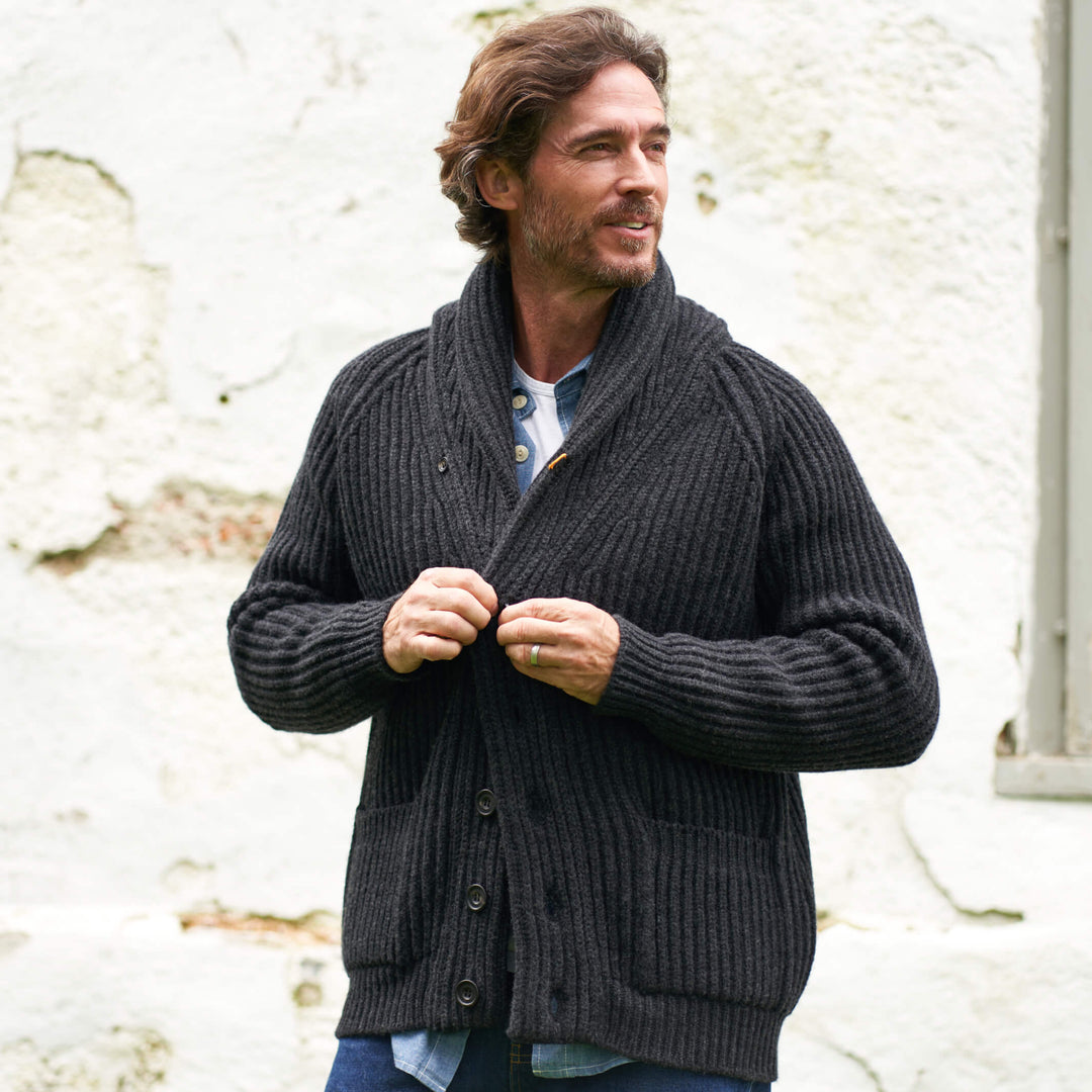 Billie Todd 100% Lambswool Shawl Cardigan Made in Scotland#color_charcoal
