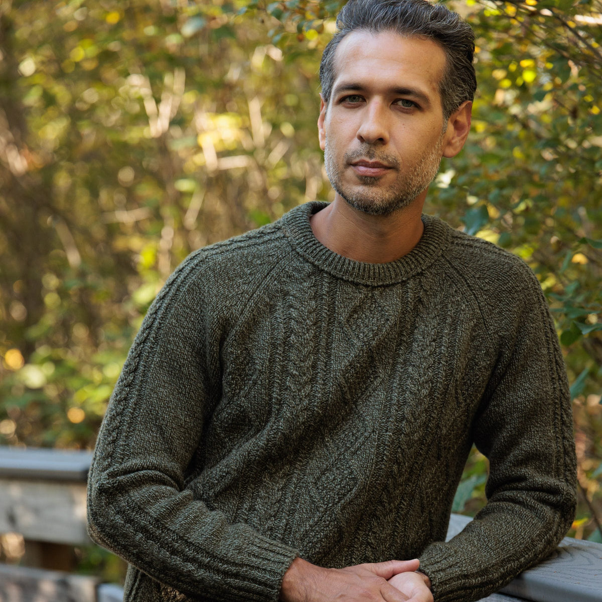 The Ross 4-ply Scottish lambswool cable knit crewneck in Bracken, front view