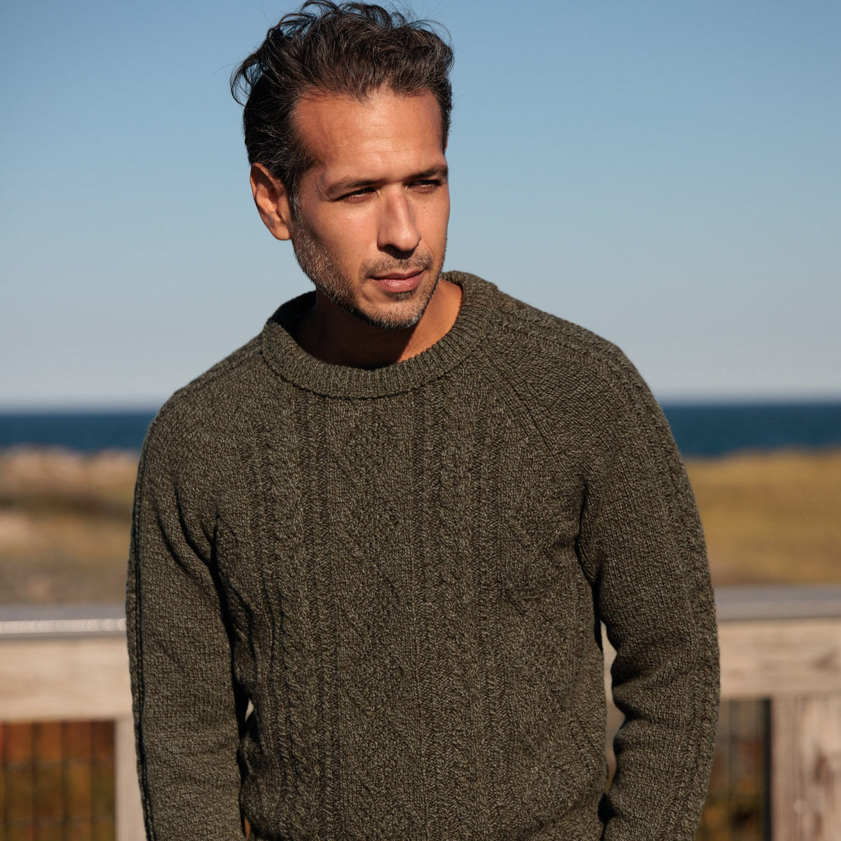 The Ross 4-ply Scottish lambswool cable knit crewneck in Bracken, full-length cable panel