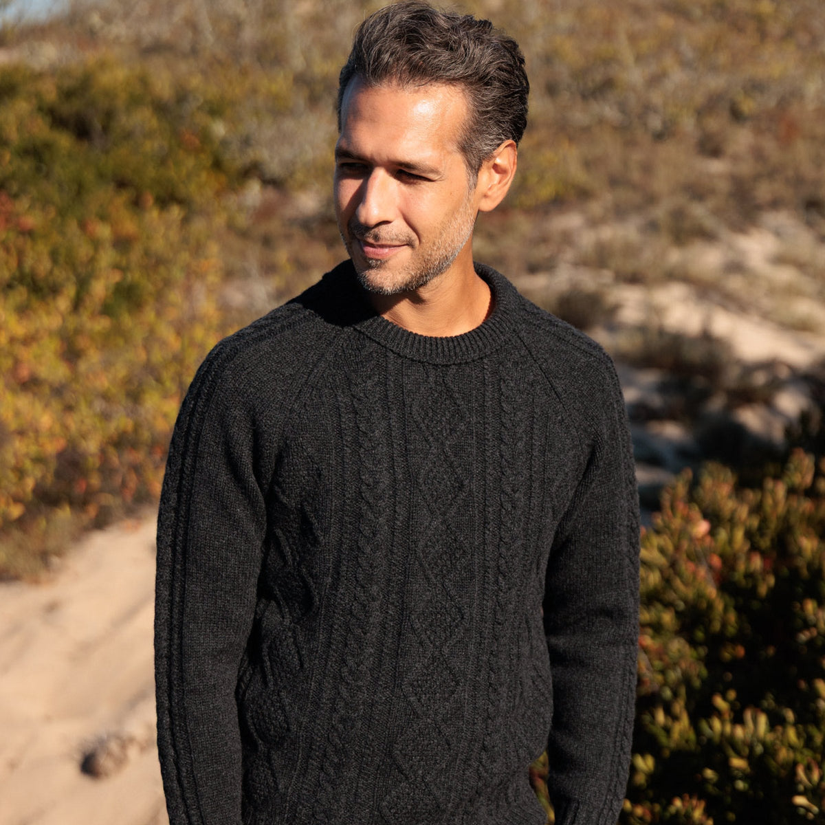 The Ross 4-ply Scottish lambswool cable knit crewneck in Charcoal, front view