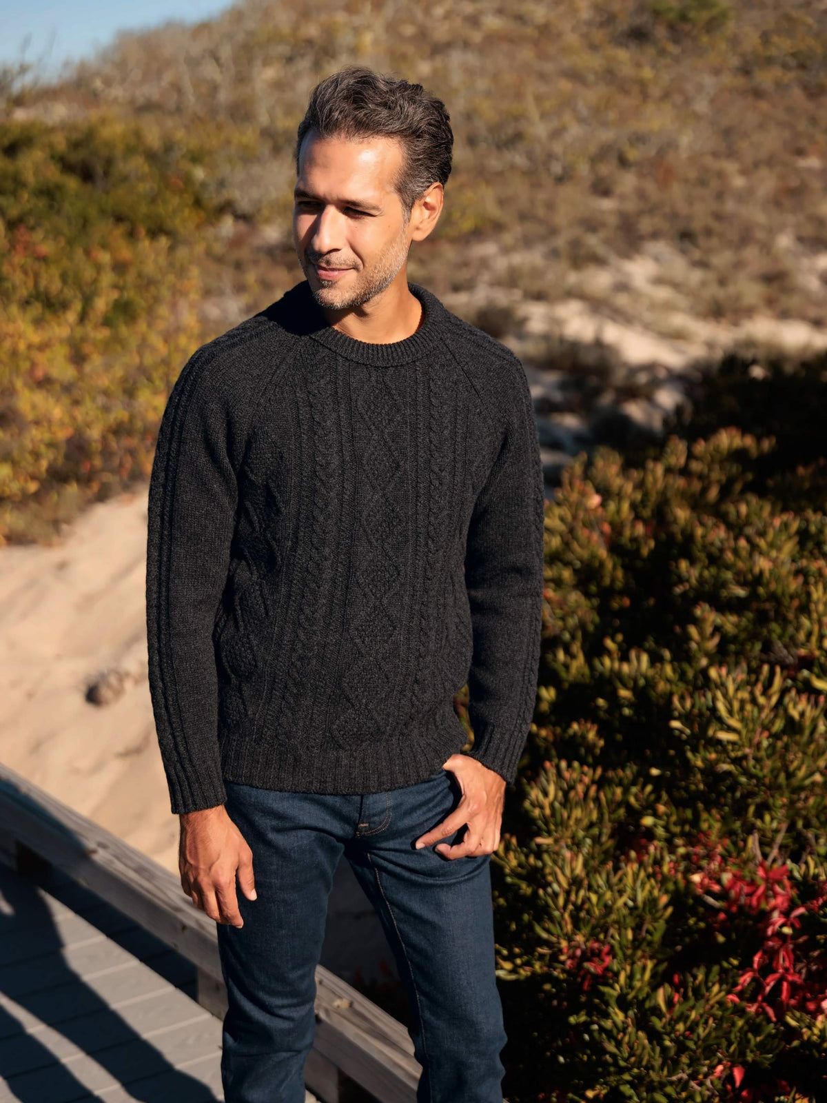 The Ross 4-ply Scottish lambswool cable knit crewneck in Charcoal, portrait