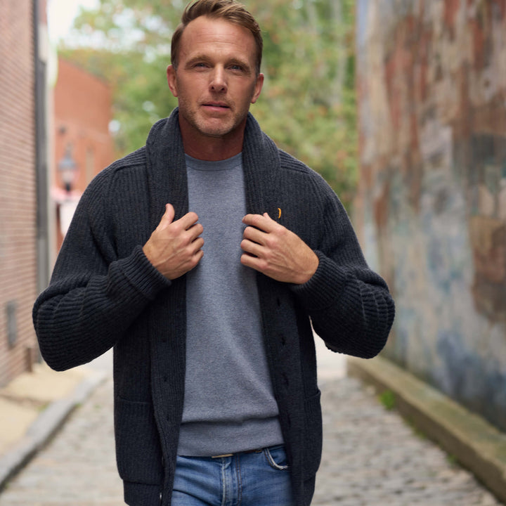 Billie Todd Eight-Ply Cashmere Shawl Cardigan Made in Scotland #color_charcoal
