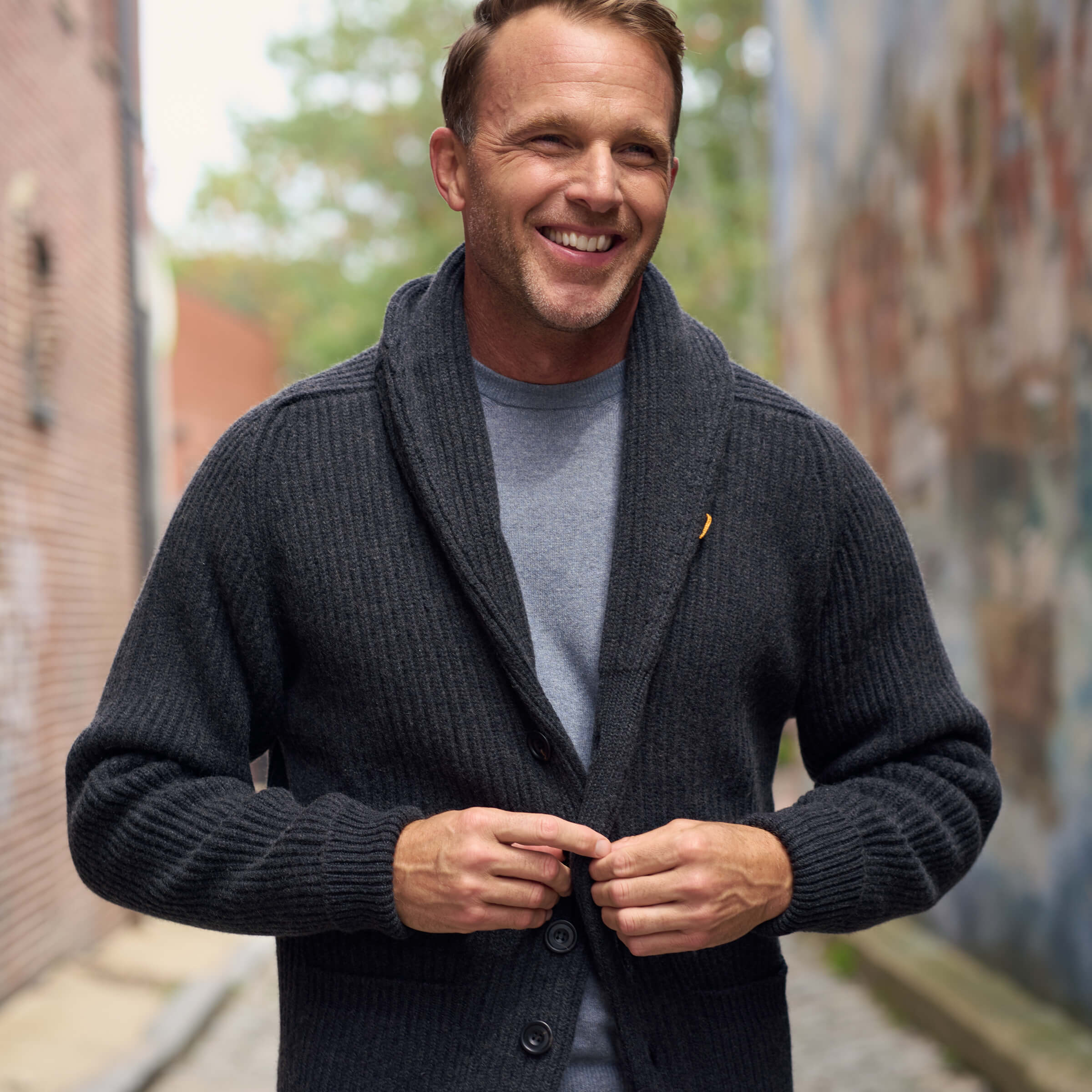 Billie Todd Eight-Ply Cashmere Shawl Cardigan Made in Scotland #color_charcoal