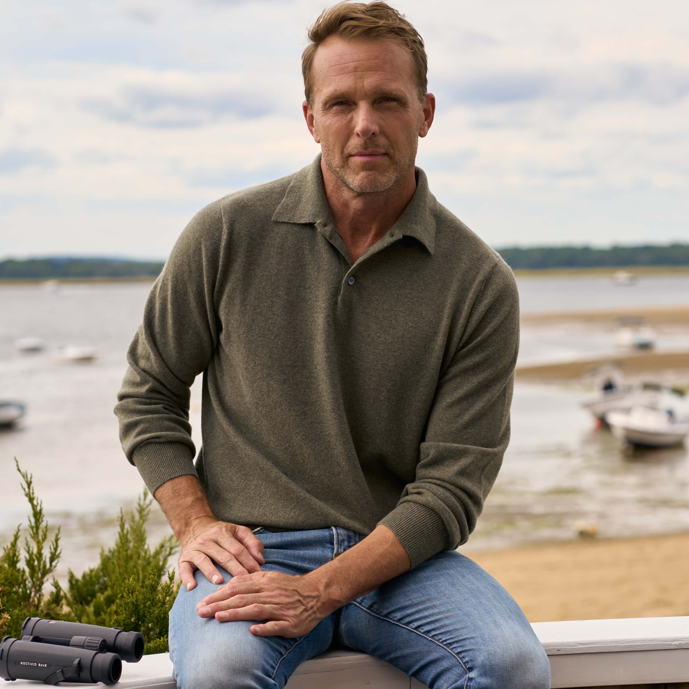 Billie Todd 100% Cashmere Two-Ply Long Sleeve Polo Sweater Made in Scotland#color_moss