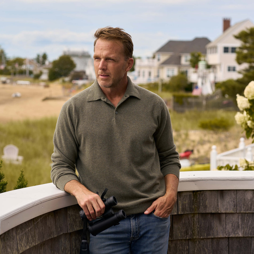 Billie Todd 100% Cashmere Two-Ply Long Sleeve Polo Sweater Made in Scotland#color_moss