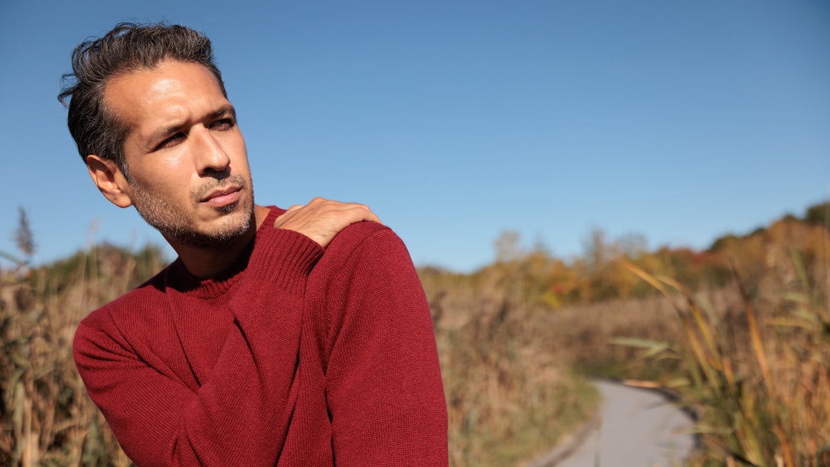 The Fraser 4-ply Scottish cashmere relaxed crewneck in Russet Red, homepage hero